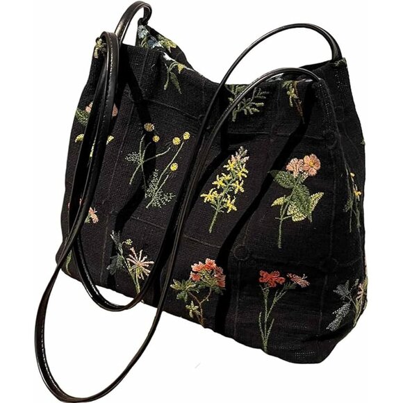 Black Floral Embroidered Canvas Tote Bag for Women, Small Reusable Casual Crossb - Picture 1 of 6